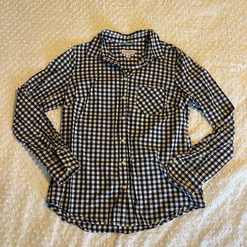 Navy and White Checkered Button-Up Shirt